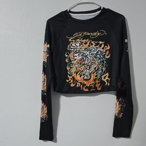 Ed Hardy Black Long-Sleeve Cropped Graphic Top - Multi-Color Tiger & Flames XL